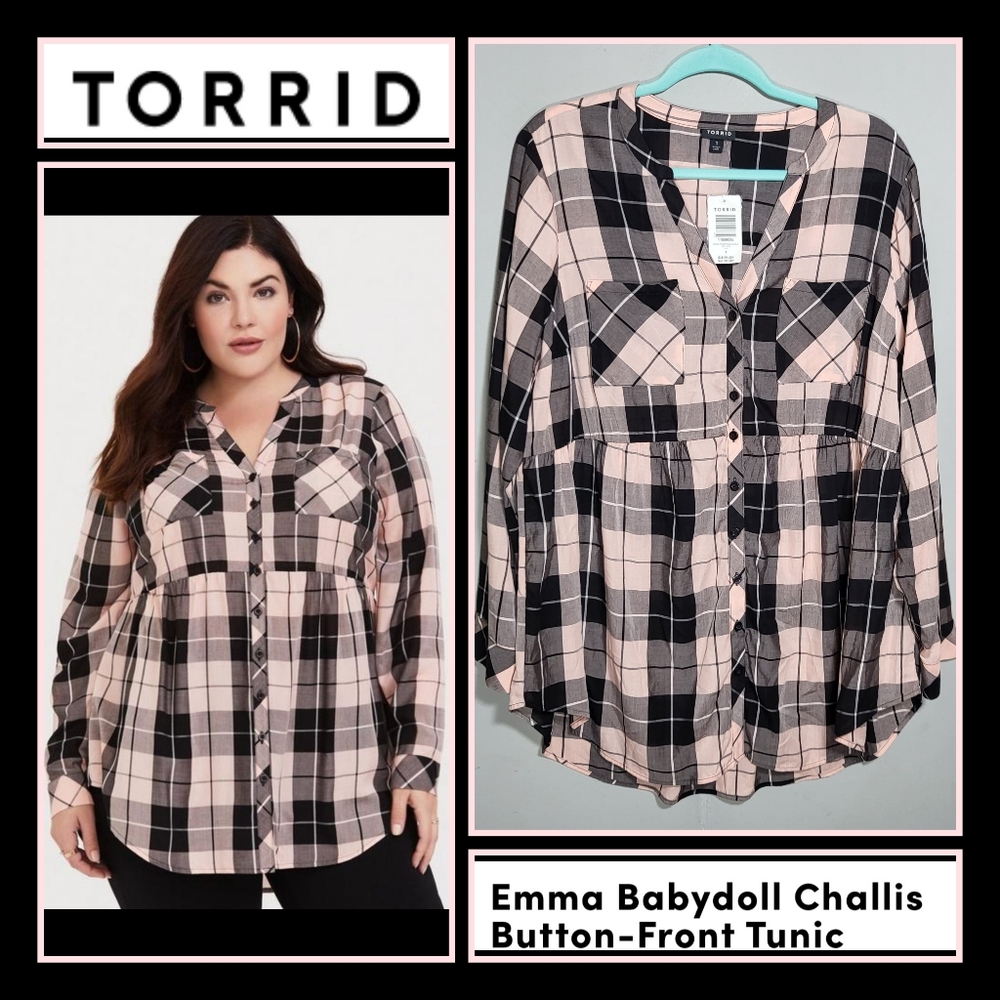 NWT TORRID Top | Size 1X | Babydoll Tunic | Pale Light Pink and Black Plaid - Picture 1 of 12